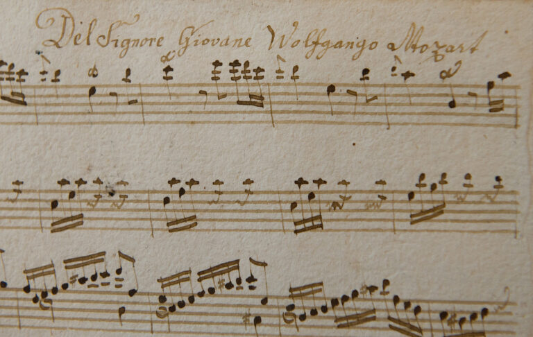 A sheet of music, recently identified as a composition by Wolfgang Amadeus Mozart, is being presented during a press conference held by the research department of the International Mozarteum Foundation in Salzburg, Austria, Friday, March 23, 2012. The previously unknown piano piece from Mozart has been discovered in Tyrol in Austria. The Mozart Foundation in Salzburg says that the piece was found in a hand written music book from 1780. (AP Photo/ Kerstin Joensson)