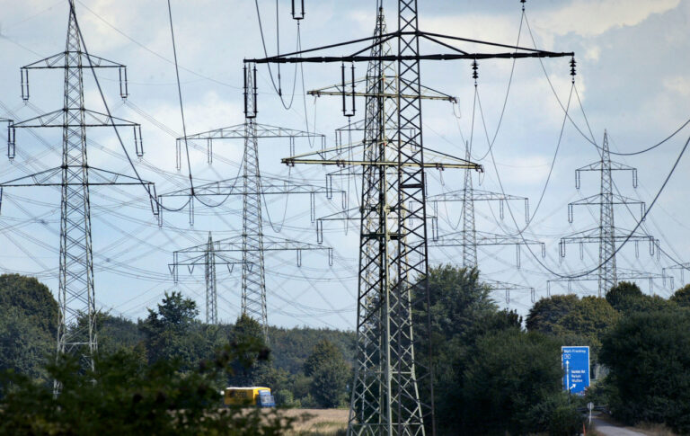 Strommasten ziehen sich durch das noerdliche Ruhrgebiet bei Dorsten am Freitag, 15. August 2003. Nach Einschaetzung der Bundesregierung und der deutschen Stromversorger ist ein Stromausfall wie in den USA in Deutschland nicht zu erwarten. Am Donnerstagabend hatten sich die Vorsitzenden der vier groessten Energieversorger RWE, E.ON, EnBW und Vattenfall Europe mit Bundeskanzler Schroeder zu einem Stromgipfel getroffen, um ueber die Regulierung der Strom- und Gasmaerkte zu reden. (AP Photo/Martin Meissner)