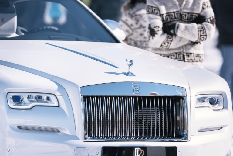 A white Rolls Royce pictured at the White Turf horse race, which takes place every winter on the frozen Lake St. Moritz, in St. Moritz, Canton of Grisons, Switzerland, on February 19, 2017. (KEYSTONE/Christian Beutler)