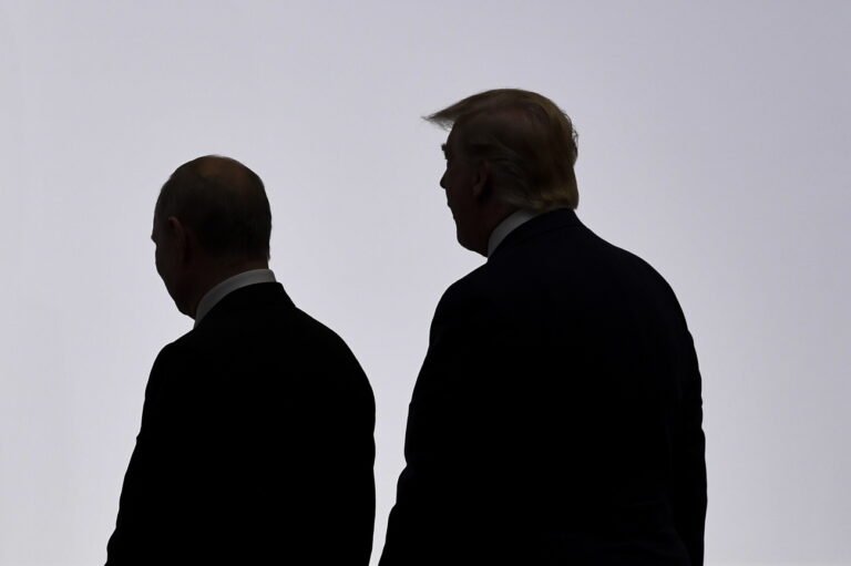 epa07678896 US President Donald J. Trump (R) and Russian President Vladimir Putin (L) arrive on the first day of the G20 summit in Osaka, Japan, 28 June 2019. It is the first time Japan hosts a G20 summit. The summit gathers leaders from 19 countries and the European Union to discuss topics such as global economy, trade and investment, innovation and employment. EPA/LUKAS COCH AUSTRALIA AND NEW ZEALAND OUT