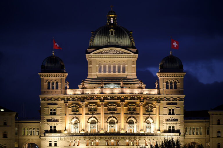 The Federal Palace pictured during a autumn sunset, Wednesday, October 9, 2019 in Bern, Switzerland. (KEYSTONE/Anthony Anex)