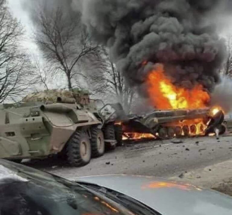 epa09781166 A handout photo made available by the Ukrainian Defence Ministry press service shows burned Russian AP near of Hlukhiv of Sumy area, Ukraine, 24 February 2022. Russian troops entered Ukraine on 24 February prompting the country's president to declare martial law. EPA/UKRAINIAN DEFENCE MINISTRY PRESS SERVICE / HANDOUT HANDOUT EDITORIAL USE ONLY/NO SALES