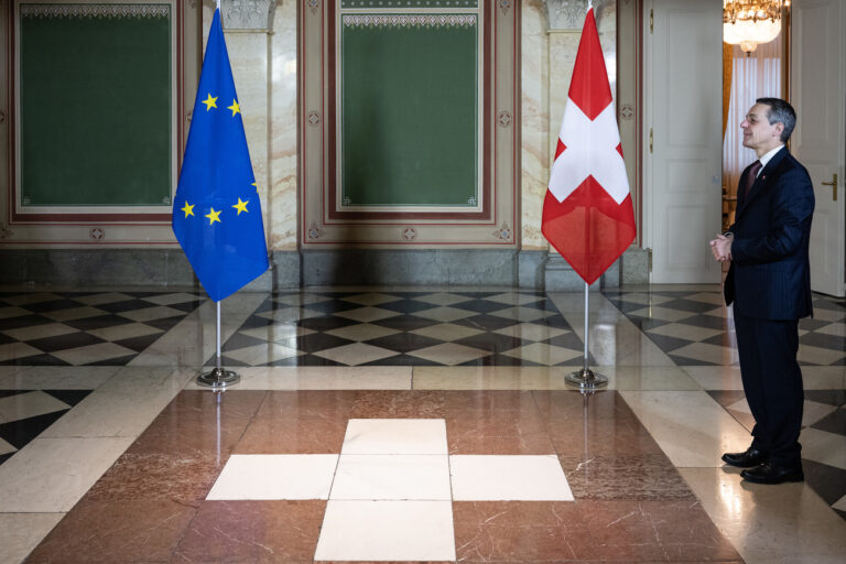 Swiss Federal President Ignazio Cassis waits before arrive Vera Jourova of the Czech Republic, Vice President of the European Commission, during a working visit, on Tuesday, 26 April 2022, in Bern, Switzerland. (KEYSTONE/Peter Schneider)