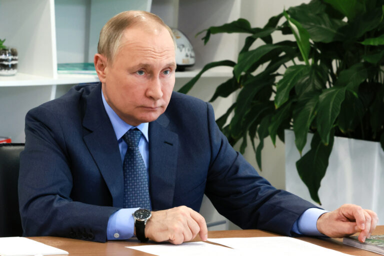 Russian President Vladimir Putin chairs a meeting of the Board of Trustees of the Talent and Success Educational Foundation via videoconference at the Sirius Educational Center for Gifted Children in Sochi, Russia, Wednesday, May 11, 2022. (Mikhail Metzel, Sputnik, Kremlin Pool Photo via AP)