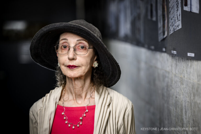 Joyce Carol Oates author from the United Sates poses during the Neuchatel international fantastic film festival (Festival international du film fantastique de Neuchatel, NIFFF), in Neuchatel, Switzerland, Thursday, July 7, 2022. (KEYSTONE/Jean-Christophe Bott)