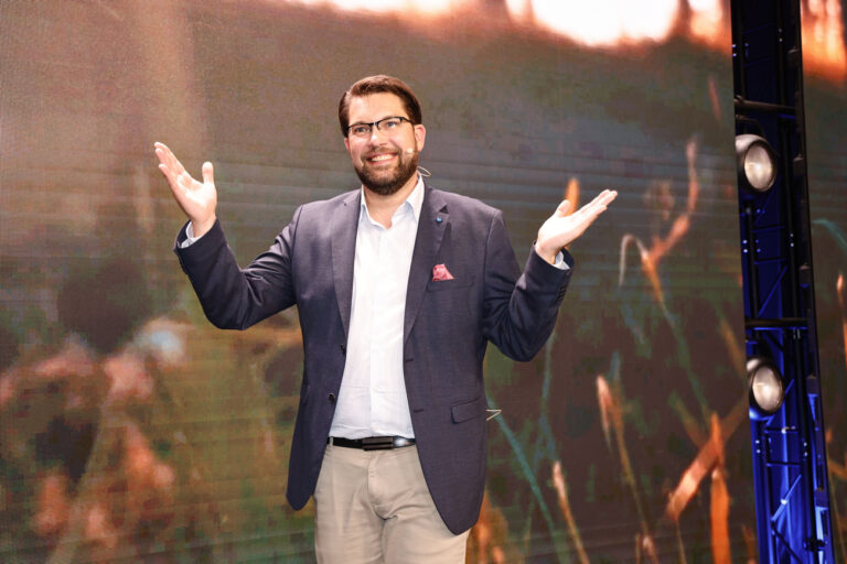 The leader of the Sweden Democrats Jimmie àÖkesson delivers a speech at the party's election watch at Elite Hotel Marina Tower Tower in Nacka, near Stockholm, Sweden, late Sunday, Sept. 11, 2022. An exit poll projected that SwedenâÄ™s ruling left-wing Social Democrats have won the most votes in a general election Sunday, while a right-wing populist party had its best showing yet. (Stefan Jerrevà¥ng/TT News Agency via AP)