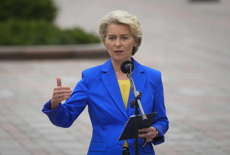 FILE - European Commission President Ursula von der Leyen speaks during joint press conference with Ukrainian President Volodymyr Zelenskyy in Kyiv, Ukraine, Thursday, Sept. 15, 2022. Von der Leyen was a recipient of a Goalkeepers Global Goals Award given by the Bill and Melinda Gates Foundation on Tuesday, Sept. 20, 2022. The awards recognize the work of four people whose work has helped make progress toward the U.N. Sustainable Development Goals.(AP Photo/Efrem Lukatsky, File)