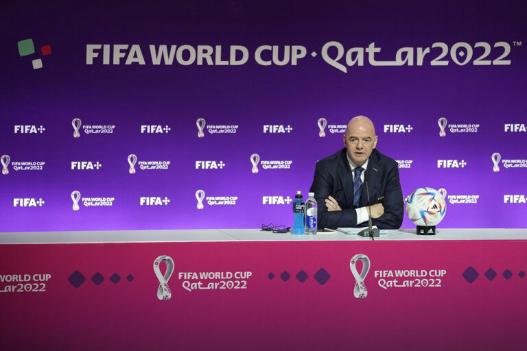 FIFA President Gianni Infantino speaks at a press conference Saturday, Nov. 19, 2022 in Doha, Qatar. (AP Photo/Abbie Parr)