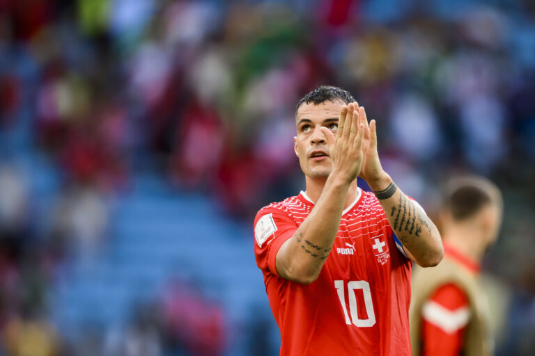 Switzerland's midfielder Granit Xhaka celebrates the victory during the FIFA World Cup Qatar 2022 group G soccer match between Switzerland and Cameroon at the Al-Janoub Stadium in Al-Wakrah, south of Doha, Qatar, Thursday, November 24, 2022. (KEYSTONE/Laurent Gillieron)