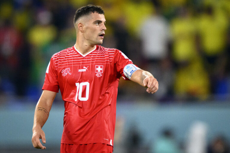 Switzerland's midfielder Granit Xhaka reacts during the FIFA World Cup Qatar 2022 group G soccer match between Brazil and Switzerland at the Stadium 974, in Doha, Qatar, Monday, November 28, 2022. (KEYSTONE/Laurent Gillieron)