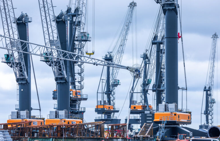 ARCHIV - 08.07.2022, Mecklenburg-Vorpommern, Rostock: Auf dem Gelände des Kranherstellers Liebherr-MCCtec Rostock im Seehafen stehen mobile Hafenkräne. Die Industrie in Deutschland hat im Oktober nach zwei Dämpfern in Folge wieder mehr Aufträge bekommen. (zu dpa «Deutsche Industrie erhält wieder mehr Aufträge») Foto: Jens Büttner/dpa +++ dpa-Bildfunk +++ (KEYSTONE/DPA/Jens Büttner)