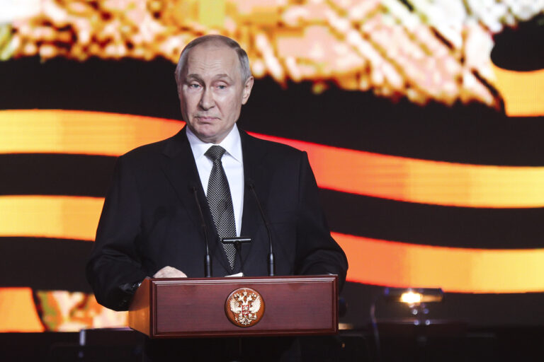 Russian President Vladimir Putin delivers his speech as he attends commemorations marking the 80th anniversary of the Soviet victory in the battle of Stalingrad in the southern Russian city of Volgograd, once known as Stalingrad, Russia, Thursday, Feb. 2, 2023. The battle of Stalingrad turned the tide of World War II and is regarded as the bloodiest battle in history, with the death toll for soldiers and civilians estimated at about 2 million. (AP Photo)