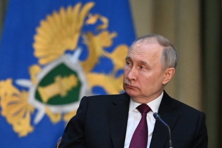 Russian President Vladimir Putin attends a meeting of the Prosecutor General's Office Board in Moscow, Russia, Wednesday, March 15, 2023. (Pavel Bednyakov, Sputnik, Kremlin Pool Photo via AP)