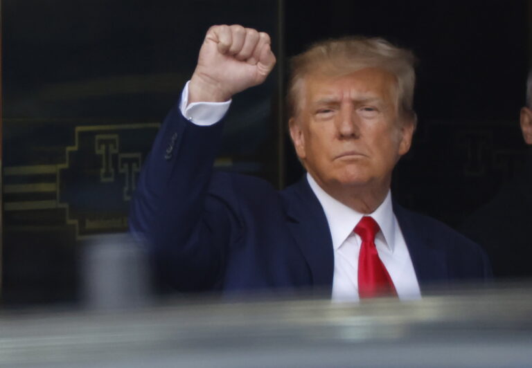 epa10558485 Former US President Donald J. Trump leaves Trump Tower to head to New York Criminal Court in New York, New York, USA, 04 April 2023. A Manhattan grand jury voted to indict former President Donald J. Trump last week and he will turn himself in at the courthouse and appear before a judge to hear the charges against him later today. EPA/CJ GUNTHER