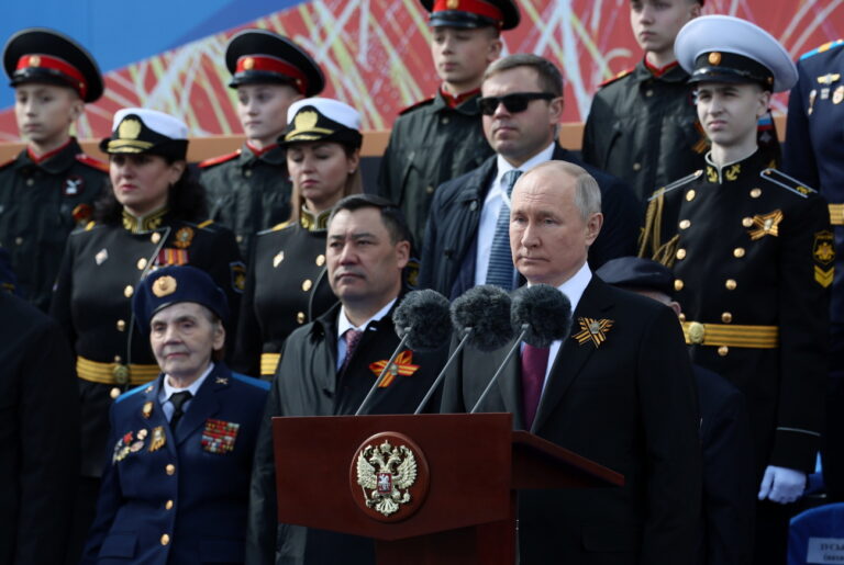 epa10616636 Russian President Vladimir Putin (C) delivers his speech during a Victory Day military parade on Red Square in Moscow, Russia, 09 May 2023. Russia marks the 78th anniversary of the victory in World War II over Nazi Germany and its allies. The Soviet Union lost 27 million people in the war. EPA/GAVRIIL GRIGOROV / SPUTNIK / KREMLIN POOL