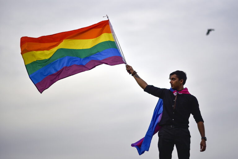 epa10711042 A supporter of the LGBTQ (Lesbian, gay, bisexual, transgender and queer) community takes part in the Chennai Rainbow Pride Parade to celebrate Pride Month, in Chennai, India, 25 June 2023. Pride month is celebrated across the world every year in the month of June to raise awareness and promote equal rights for the LGBTQ community. EPA/IDREES MOHAMMED