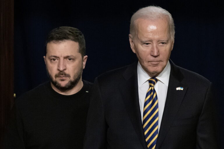 epa11025625 US President Joe Biden (R) and Ukrainian President Volodymyr Zelensky (L) enter the room to hold a joint news conference in the Indian Treaty Room of the Eisenhower Executive Office Building, on the White House complex in Washington, DC, USA, 12 December 2023. Ukrainian President Zelensky is in Washington to meet with members of Congress at the US Capitol and US President Joe Biden at the White House to make a last-ditch effort to convince the US Congress for further military aid before the holiday recess. Republicans want concessions from Democrats on border security in order to support aid to Ukraine. EPA/MICHAEL REYNOLDS