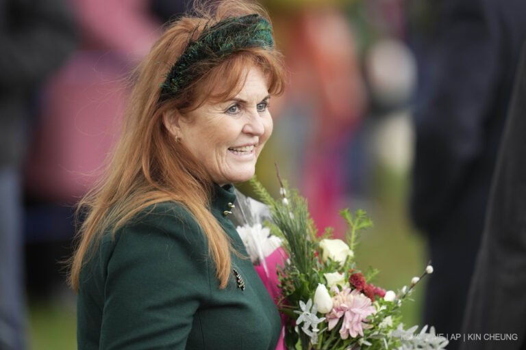 Sarah Ferguson, Duchess of York, arrives to attend the Christmas day service at St Mary Magdalene Church in Sandringham in Norfolk, England, Monday, Dec. 25, 2023.(AP Photo/Kin Cheung)