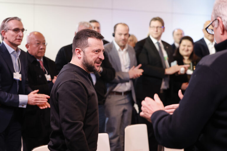 Volodymyr Zelenskiy, Ukraine's president, center, at the 'CEOs for Ukraine' session on the opening day of the World Economic Forum (WEF) in Davos, Switzerland, on Tuesday, Jan. 16, 2024. The annual Davos gathering of political leaders, top executives and celebrities runs from January 15 to 19. (KEYSTONE POOL BLOOMBERG/Stefan Wermuth)