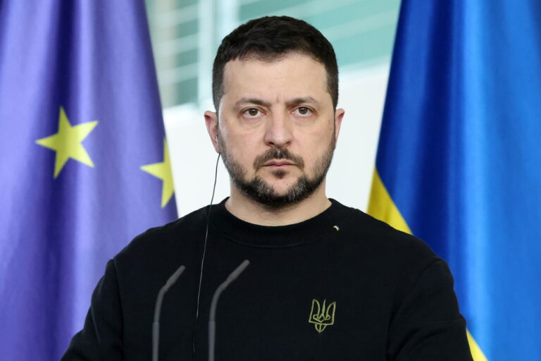 epa11157721 Ukraine's President Volodymyr Zelensky attends a joint press conference with the German chancellor at the German Chancellery building during Zelensky's visit to Berlin, Germany, 16 February 2024. EPA/CLEMENS BILAN