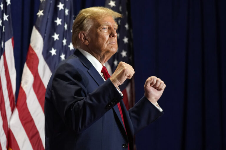 Republican presidential candidate former President Donald Trump gestures at a campaign rally Saturday, March 2, 2024, in Richmond, Va. (AP Photo/Steve Helber)