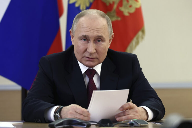 Russian President Vladimir Putin holds a meeting on the development of the Russia's South, as well as the Azov Sea region, via videoconference at the Bocharov Ruchei residence in Sochi, Russia, Wednesday, March 6, 2024. (Valeriy Sharifulin, Sputnik, Kremlin Pool Photo via AP)