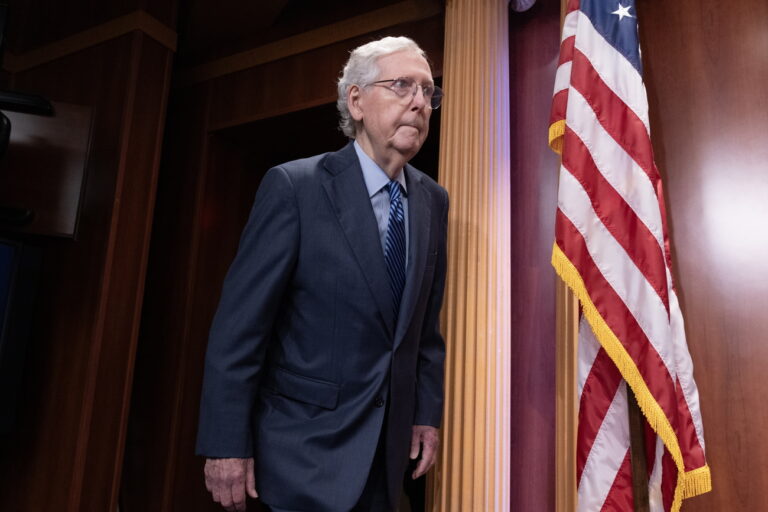 epa11296507 Senate Minority Leader Mitch McConnell arrives to hold a news conference after the Senate voted to advance the national security supplemental, on Capitol Hill in Washington, DC, USA, 23 April 2024. The Senate advanced the national security supplemental with aid to Israel, Ukraine and Taiwan. EPA/MICHAEL REYNOLDS