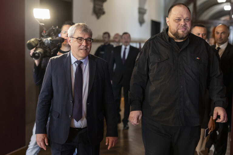 Ruslan Stefanchuk of Ukraine, Speaker of the Verkhovna Rada, the Parliament of Ukraine, right, is welcomed by Eric Nussbaumer, SP-BL, head of the Swiss National Council, during his visit of the Swiss Parliament, on Wednesday, June 12, 2024 in Bern, Switzerland. (KEYSTONE/Alessandro della Valle)