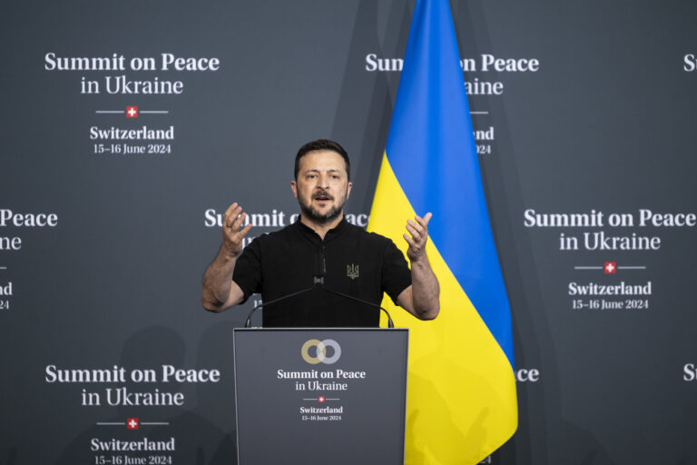 Ukrainian President Volodymyr Zelenskyy holds the final Ukranian media conference during the Summit on peace in Ukraine, in Stansstad near Lucerne, Switzerland, Sunday, June 16, 2024. Heads of state from around the world gather on the Buergenstock Resort in central Switzerland for the Summit on Peace in Ukraine, on June 15 and 16. (KEYSTONE/EDA/POOL/Alessandro della Valle)