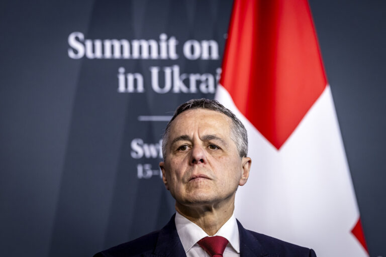 Swiss Federal Councillor Ignazio Cassis attends the Swiss closing press conference during the Summit on peace in Ukraine, in Stansstad near Lucerne, Switzerland, Sunday, June 16, 2024. Heads of state from around the world gather on the Buergenstock Resort in central Switzerland for the Summit on Peace in Ukraine, on June 15 and 16. (KEYSTONE/EDA/POOL/Michael Buholzer)