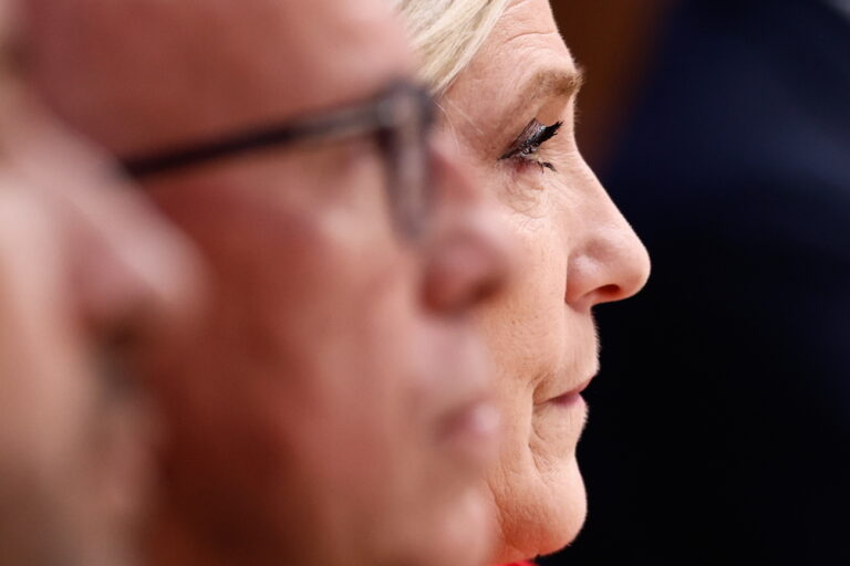 epa11434136 Frrench member of parliament and previous candidate for French presidential election Marine Le Pen (R) attends French extreme right party Rassemblement National (RN, National Front) press conference ahead of legislative elections, Paris, France, 24 June 2024. The RN received the highest score in France (31.5 percent) in the recent European elections and is now calling for a government of national unity if it wins the snap elections called by French President Macron. Bardella laid out the party's claim that it is ready to govern the country. EPA/MOHAMMED BADRA