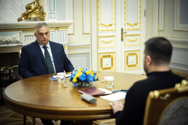 In this photo issued by the Hungarian PM's Press Office Ukrainian President Volodymyr Zelenskyy, right, and Hungarian Prime Minister Viktor Orban hold a meeting in Kyiv, Ukraine, Tuesday, July 2, 2024. (Zoltan Fischer/Hungarian PM's Press Office/MTI via AP)