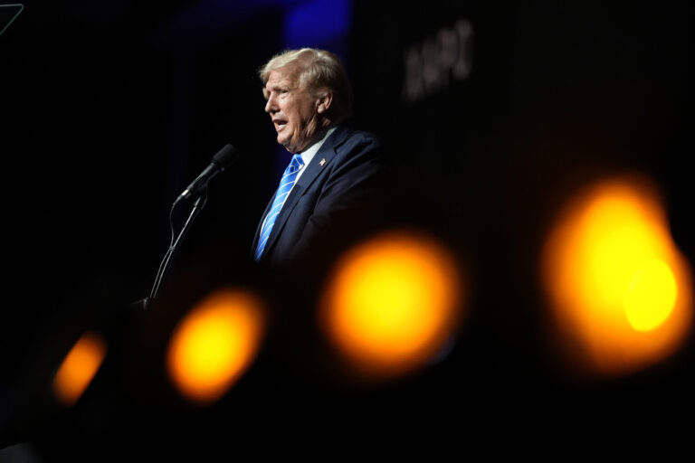 Republican presidential candidate former President Donald Trump speaks at the Bitcoin 2024 conference, Saturday, July 27, 2024, in Nashville, Tenn. (AP Photo/Alex Brandon)