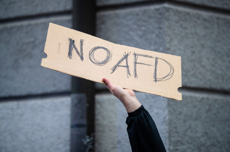 05.10.2024, Baden-Württemberg, Ulm: Bei einer Demonstration unter dem Motto «Klare Kante gegen rechts» hebt eine Teilnehmerin ein Schild mit der Aufschrift ·No AfD· in die Höhe. Die Demo richten sich gegen die AfD und deren Aufstellungsversammlung für die Liste der AfD Baden-Württemberg zur Bundestagswahl. Foto: Christoph Schmidt/dpa +++ dpa-Bildfunk +++ (KEYSTONE/DPA/Christoph Schmidt)