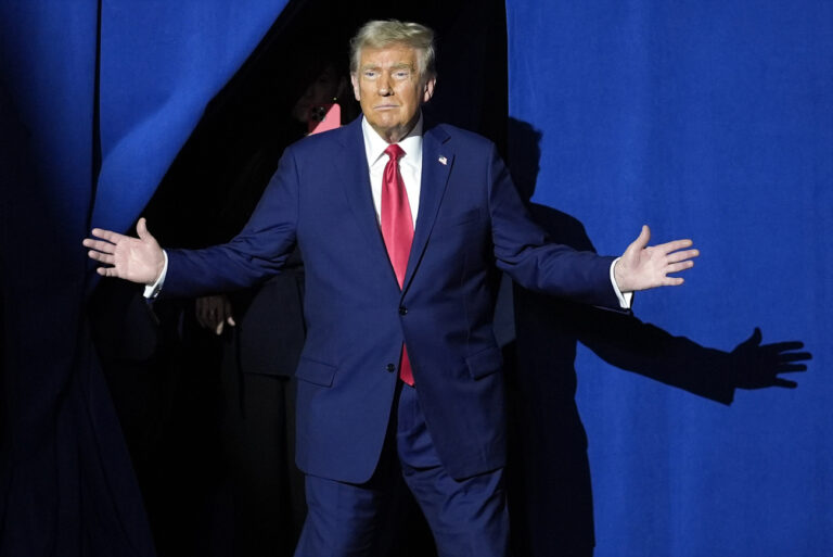 Republican presidential nominee former President Donald Trump arrives for a town hall at Lancaster County Convention Center, Sunday, Oct. 20, 2024, in Lancaster, Pa. (AP Photo/Evan Vucci)