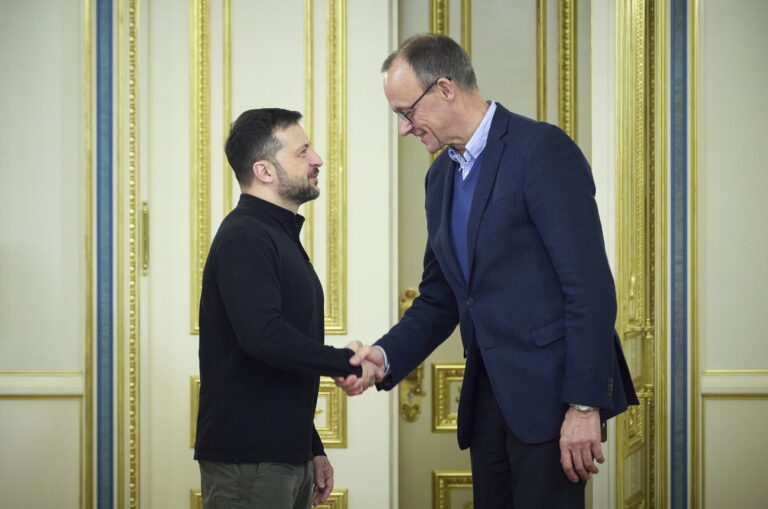 epa11766519 A handout photo made available by the Presidential Press Service of Ukraine shows Ukrainian President Volodymyr Zelensky (L) shaking hands with Friedrich Merz (R), Chairman of Germany's Christian Democratic Union (CDU) party, during their meeting in Kyiv, 09 December 2024. EPA/PRESIDENTIAL PRESS SERVICE HANDOUT HANDOUT EDITORIAL USE ONLY/NO SALES