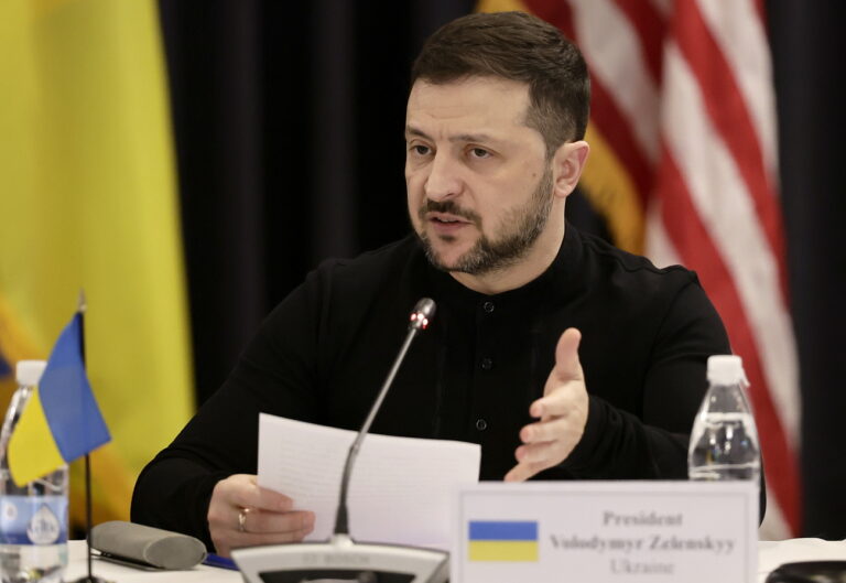 epa11814558 Ukraine's President Volodymyr Zelensky addresses the eight meeting of Ukraine Defense Contact Group at the US Air Base in Ramstein, Germany, 09 January 2025. The US Secretary of Defense has invited Ministers of Defense and senior military officials from around the world to Ramstein to discuss the ongoing crisis in Ukraine and various security issues facing US allies and partners. EPA/RONALD WITTEK