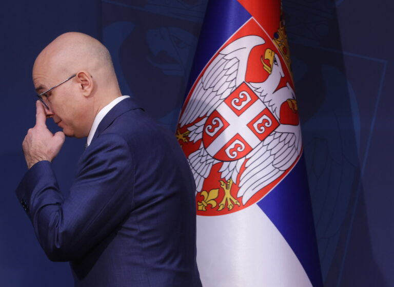 epa11857765 Serbian Prime Minister Milos Vucevic leaves after a press conference in Belgrade, Serbia, 28 January 2025. Vucevic submitted his resignation following protests demanding accountability for the collapse of the Novi Sad train station canopy on 01 November 2024, which claimed the lives of fifteen people. EPA/ANDREJ CUKIC