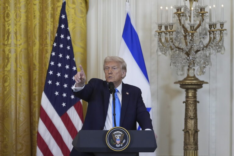 President Donald Trump and Israeli Prime Minister Benjamin Netanyahu take questions during a news conference in the East Room of the White House, Tuesday, Feb. 4, 2025, in Washington. (AP Photo/Alex Brandon)