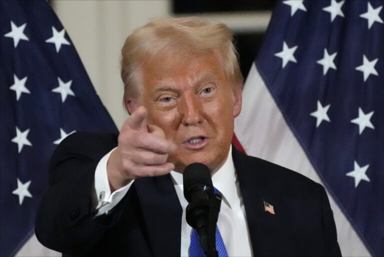 President Donald Trump speaks at a dinner with Senate Republicans at Mar-a-Lago in Palm Beach, Fla., Friday, Feb. 7, 2025. (AP Photo/Ben Curtis)