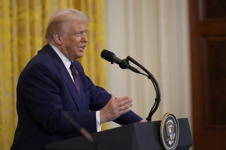 President Donald Trump speaks during a news conference with India's Prime Minister Narendra Modi in the East Room of the White House, Thursday, Feb. 13, 2025, in Washington. (AP Photo/Ben Curtis)