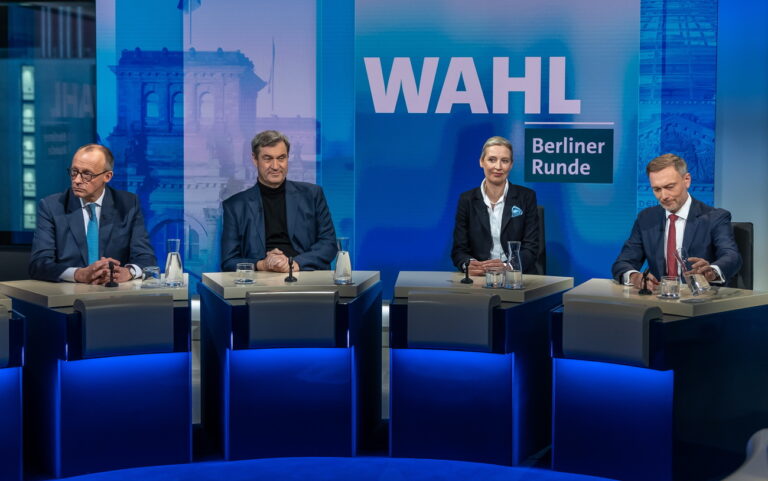 epa11919505 (L-R) Chairman of Germany's Christian Democratic Union (CDU) Friedrich Merz, State Premier of Bavaria and Christian Social Union (CSU) chairman Markus Soeder, Alternative for Germany (AfD) party and faction co-chairwoman and top candidate for the federal election Alice Weidel and Chairman of the Free Democratic Party (FDP) and former German Finance Minister Christian Lindner attend an election night TV talk show at the capital city studio of the TV channel ARD during the general elections in Berlin, Germany, 23 February 2025. EPA/ANDREAS GORA / POOL