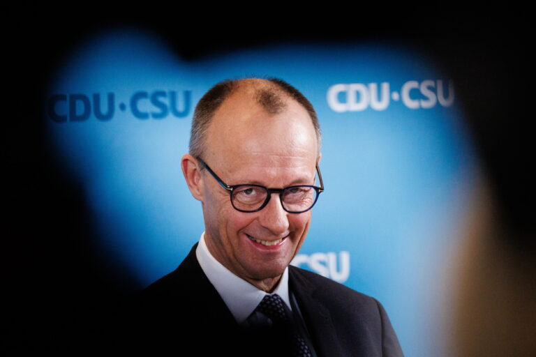 epa11923723 Chairman of the Christian Democratic Union (CDU) party and faction, Friedrich Merz, attends a press statement before a parliamentary group meeting at the German parliament, Bundestag, in Berlin, Germany, 25 February 2025. Germany held early federal elections on 23 February. EPA/CLEMENS BILAN