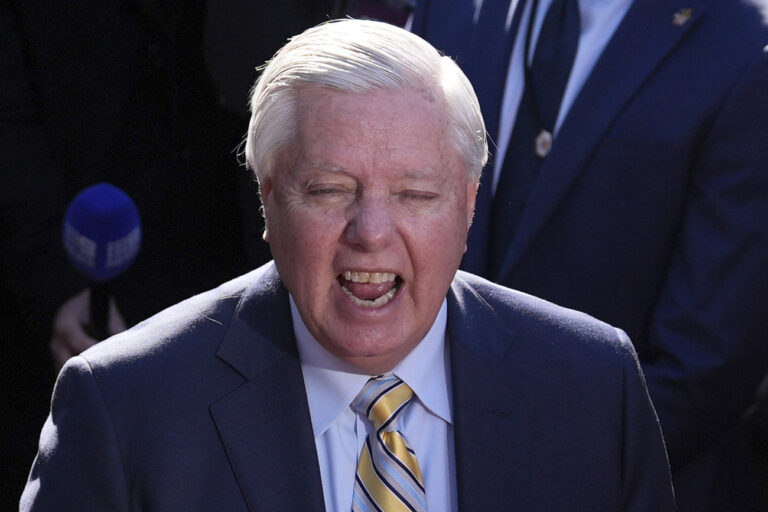 Sen. Lindsey Graham, R-S.C., speaks to reporters outside the West Wing of the White House, Friday, Feb. 28, 2025, in Washington. (AP Photo/Evan Vucci)