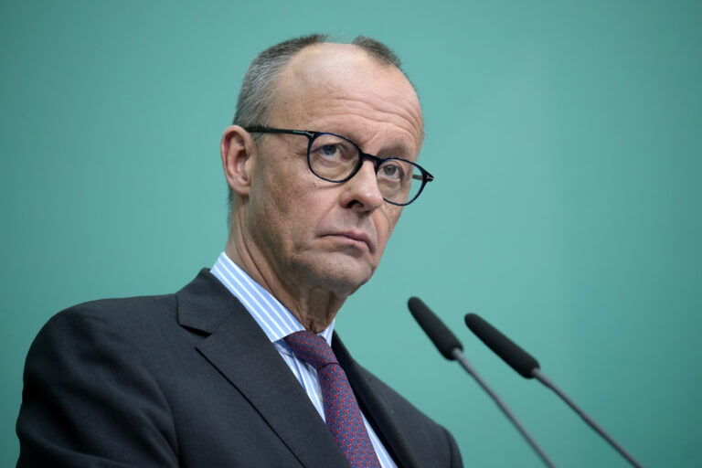 Friedrich Merz, leader of the Christian Democratic Union (CDU), talks to the media during a press conference in Berlin, Germany, Monday, March, 3, 2025. (AP Photo/Ebrahim Noroozi)