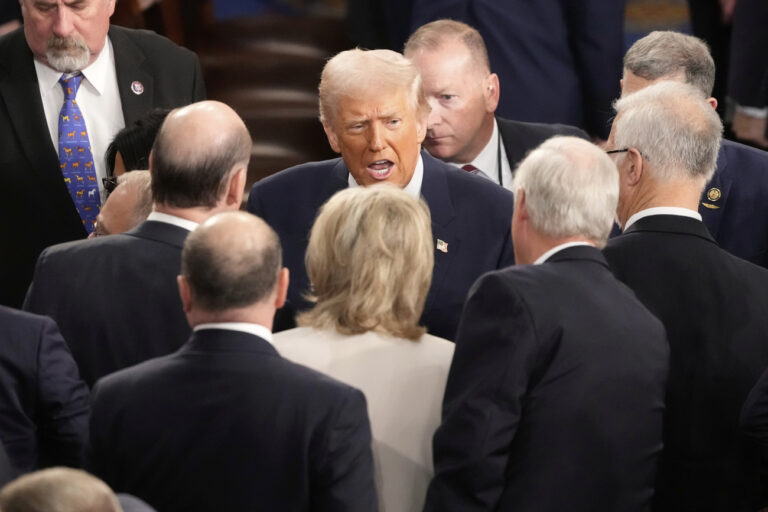 President Donald Trump departs after addressing a joint session of Congress at the Capitol in Washington, Tuesday, March 4, 2025. (AP Photo/Ben Curtis)