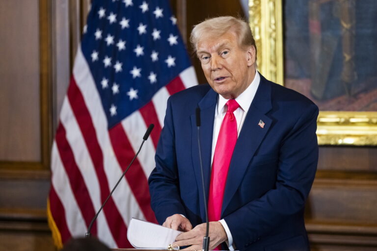 epa11959167 US President Donald Trump speaks as he joins the Taoiseach of Ireland Micheal Martin and Speaker of the House Mike Johnson at the Friends of Ireland Luncheon at the US Capitol in Washington DC, USA, 12 March 2025. The Irish Prime Minister's visit comes as the EU hit the US with retaliatory tariffs on 28 billion dollars worth of US exports. EPA/JIM LO SCALZO / POOL