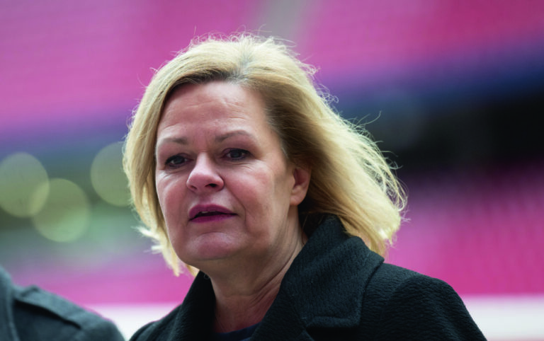 23.02.2024, Sachsen, Leipzig: Nancy Faeser (SPD), Bundesinnenministerin, steht in der RedBull Arena in Leipzig. Faeser hat Leipzig in Vorbereitung auf die UEFA EURO 2024 besucht und sich mit Vertretern von Stadt und Polizei getroffen. Thema waren der Planungsstand der Vorbereitungen sowie das Nachhaltigkeitsprojekt 