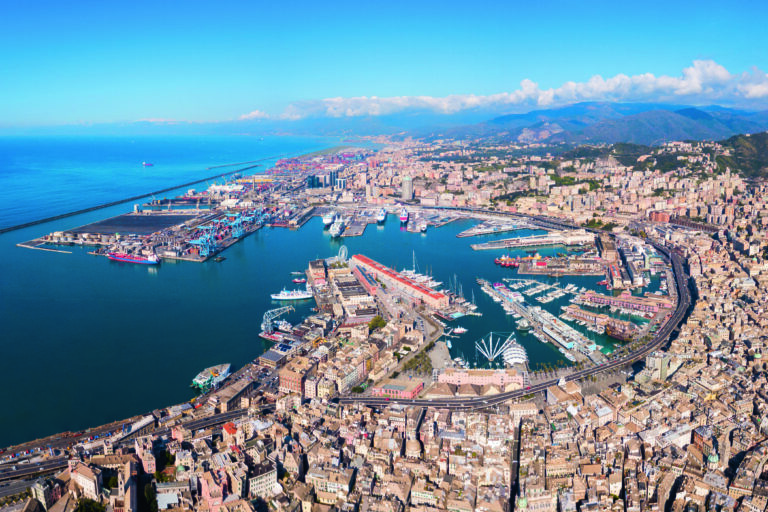 Genoa port aerial panoramic view. Genoa or Genova is the capital of Liguria region in Italy.