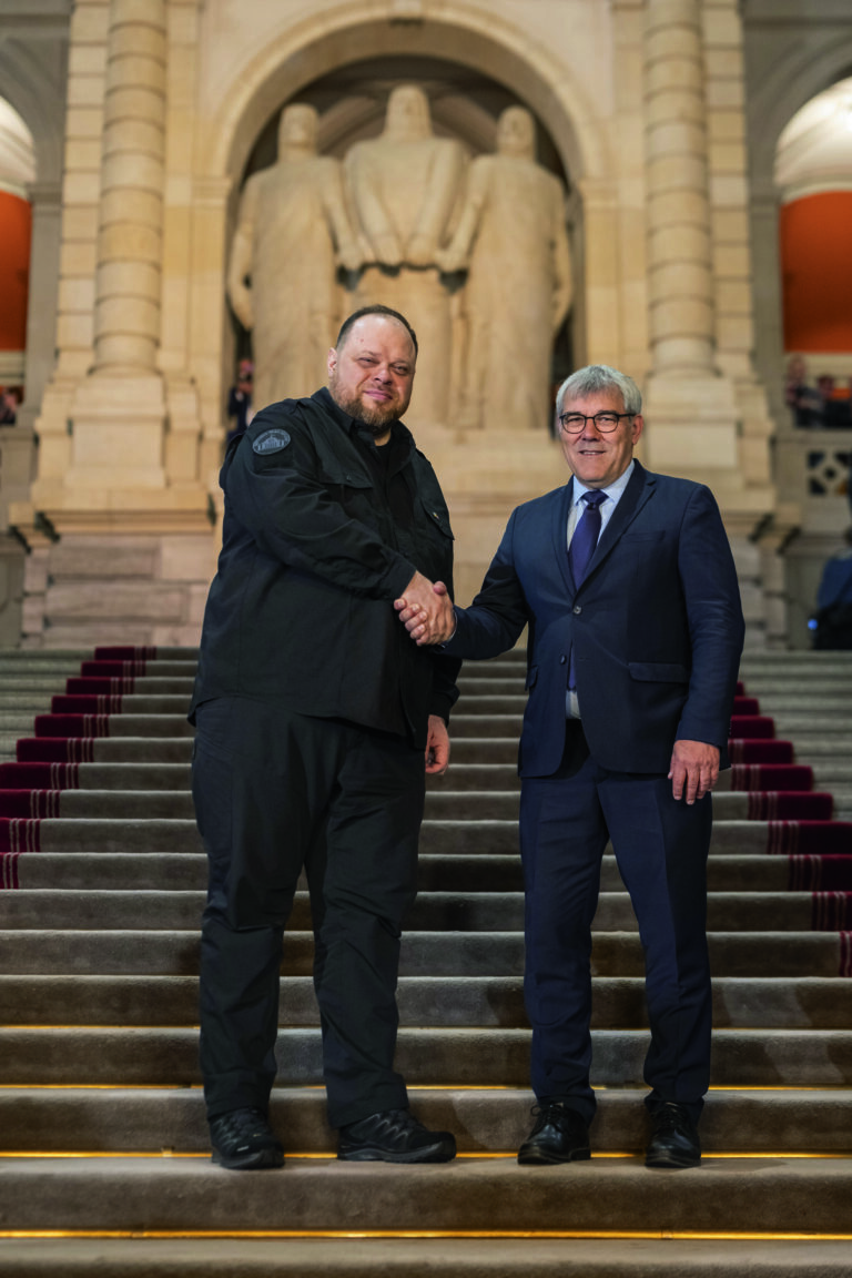 Ruslan Stefanchuk of Ukraine, Speaker of the Verkhovna Rada, the Parliament of Ukraine, left, is welcomed by Eric Nussbaumer, SP-BL, head of the Swiss National Council, during his visit of the Swiss Parliament, on Wednesday, June 12, 2024 in Bern, Switzerland. (KEYSTONE/Alessandro della Valle)